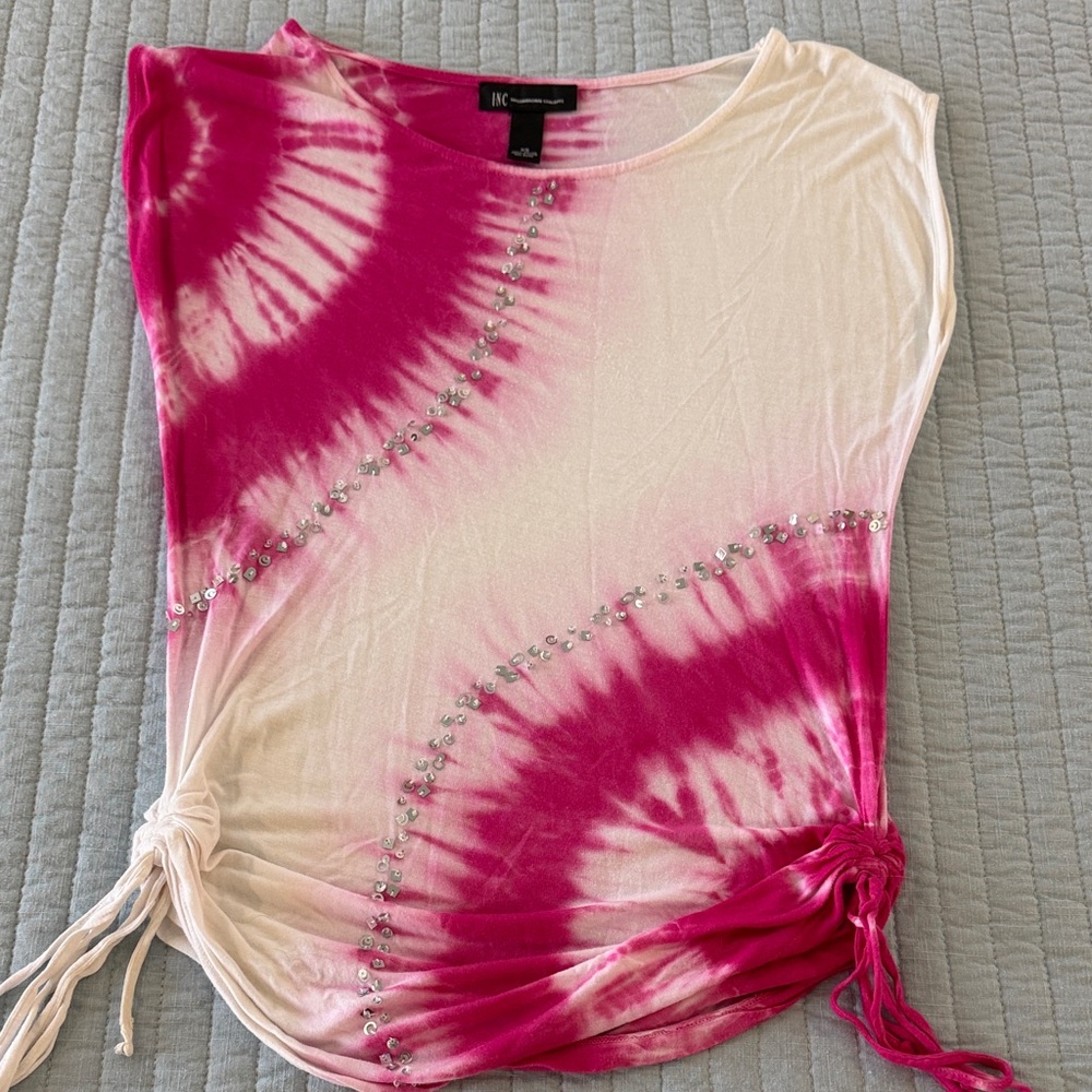 INC International Concepts Pink Tie-Dye Embellished Women's Top